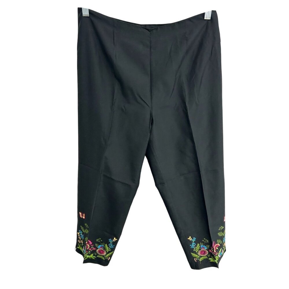 Allison Taylor Womens Black Capris Pants Floral Embroidered Hem Silk Blend Sz 10